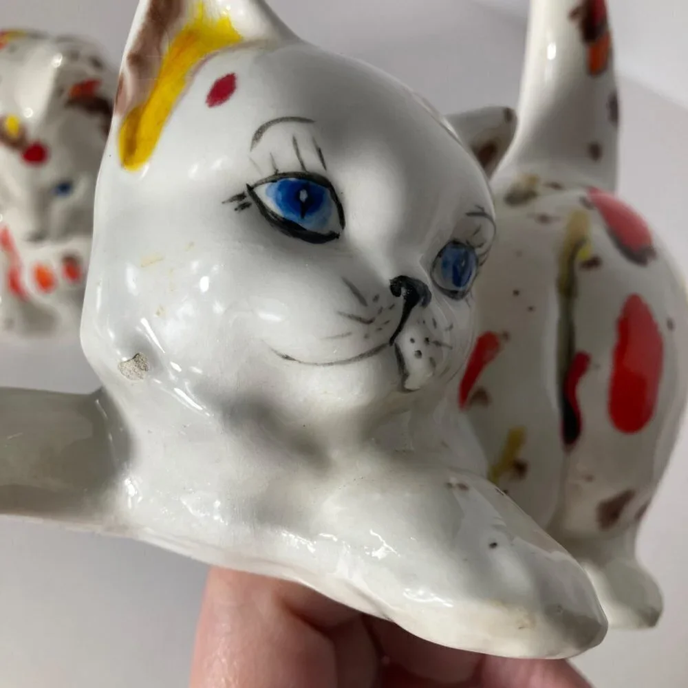 2 Ceramic Confetti Paint‎ Splashed Cats signed 4 x6, 5 x 5